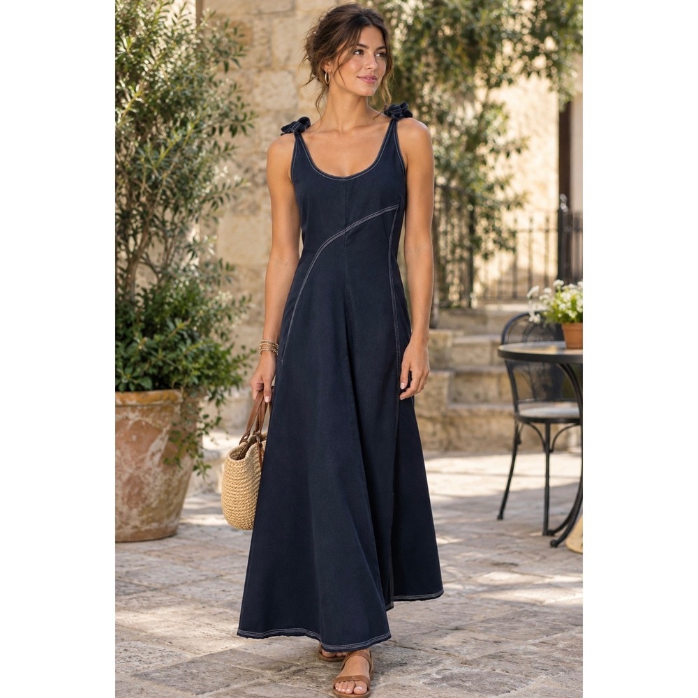 Gianni Bini sz 6 Navy Blue Contrast Stitch Tie Shoulder Asymmetrical Midi Dress